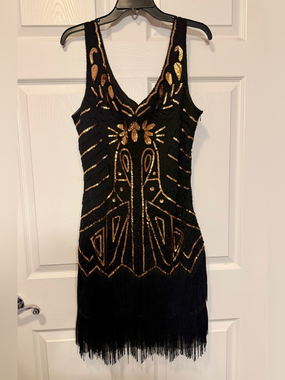 BABEYOND Gold Sequin Fringe Flapper Dress Sz L Art Deco Gatsby 1920s Cocktail - Picture 1 of 8